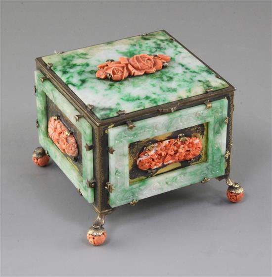 A Chinese jadeite and coral mounted silver-gilt trinket box, 10.1 x 10.1cm. height 9cm